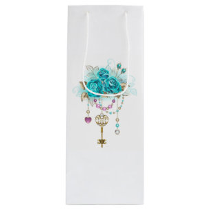 Sac Cadeau Pour Bouteille Roses turquoise avec touches