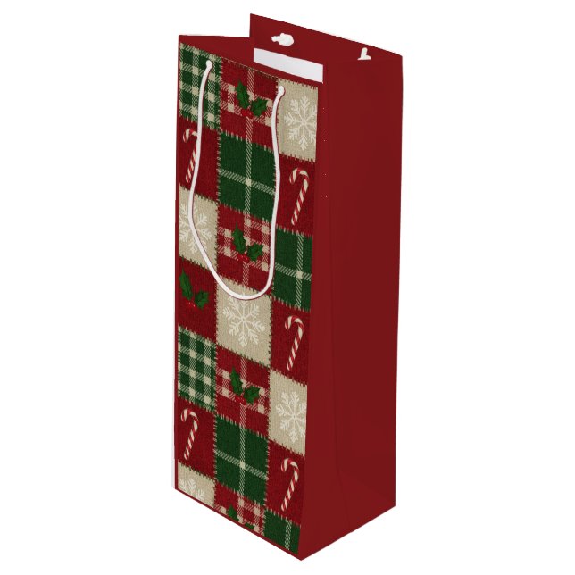 Sac Cadeau Pour Bouteille Rustic Christmas Quilt Plaid (Devant Angle)