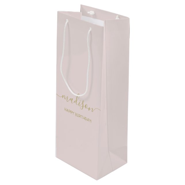 Sac Cadeau Pour Bouteille Salutation de nom personnalisé Chic Or Script Rose (Devant Angle)