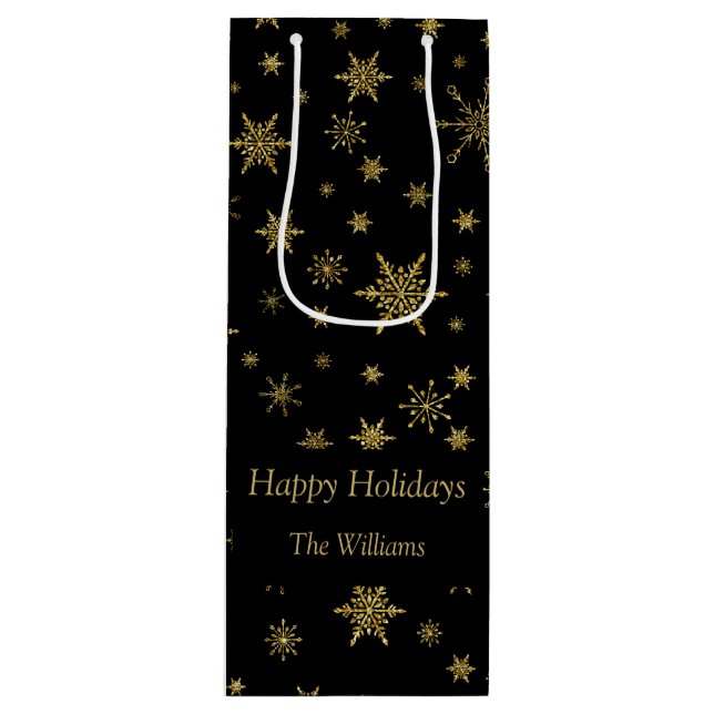 Sac Cadeau Pour Bouteille Snowflakes Gold Noir Personnalisé (Devant)