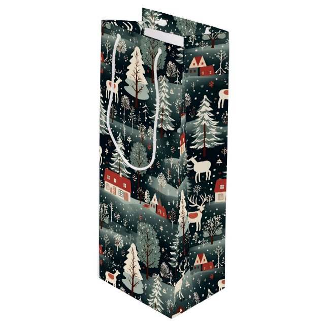 Sac Cadeau Pour Bouteille Snowy Winter Farmhouse  (Devant Angle)
