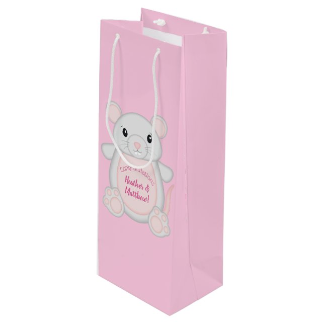 Sac Cadeau Pour Bouteille Souris Baby shower rose (Devant Angle)