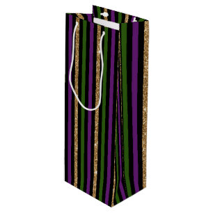 SAC CADEAU POUR BOUTEILLE STRIPES MARDI GRAS VERT ROUGE NOIR