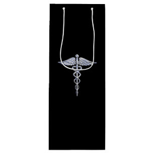 Sac Cadeau Pour Bouteille Symbole Médicale Silver Caduceus sur Noir