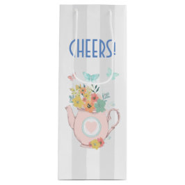 Sac Cadeau Pour Bouteille Teapot rose avec fleurs et papillons