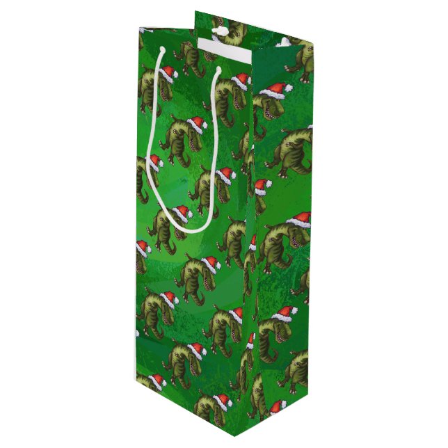 Sac Cadeau Pour Bouteille TRex à Santa Hat sur Green (Devant Angle)