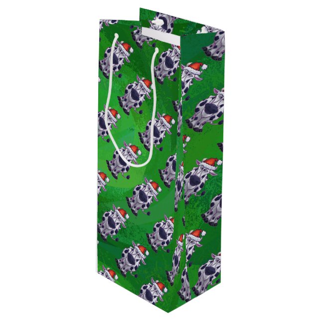 Sac Cadeau Pour Bouteille Vache Noël sur vert (Devant Angle)