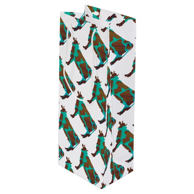 Sac Cadeau Pour Bouteille Vache Silhouette Brown et Turquoise (Devant Angle)