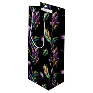SAC CADEAU POUR BOUTEILLE VERT PURPLE OR MARDI GRAS MASQUES & FEATHERS