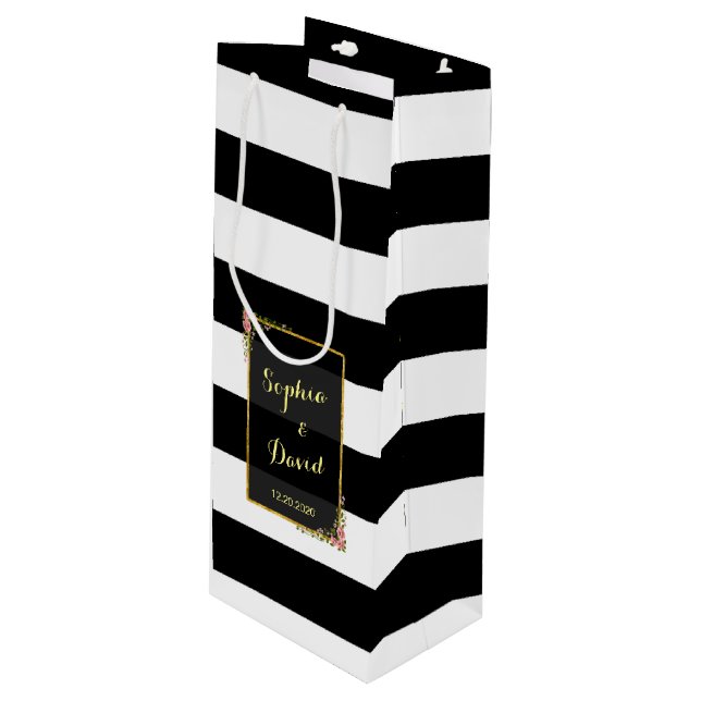 Sac Cadeau Pour Bouteille Vin Mariage Floral à huile d'or (Devant Angle)