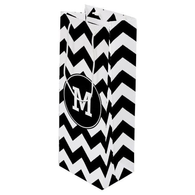 Sac Cadeau Pour Bouteille Zigzag noir et blanc monogramme (Devant Angle)