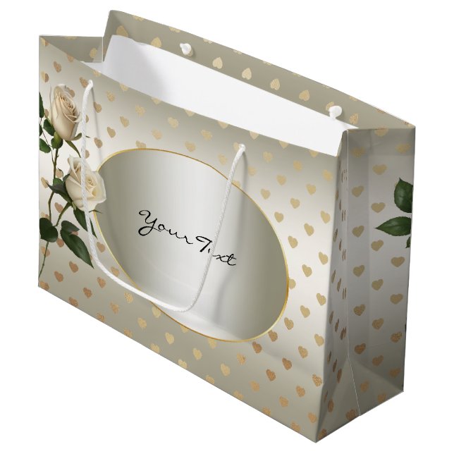 Sac Cadeau Roses Blanches Cœurs D'or (Devant Angle)