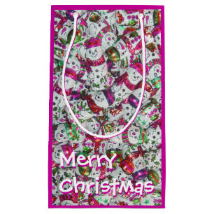 Sac Cadeau Sweet Snowmen rose Joyeux Noël petit