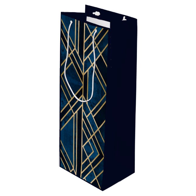 Sac cadeau Vin - Art Déco Bleu & Or Miroir (Devant Angle)