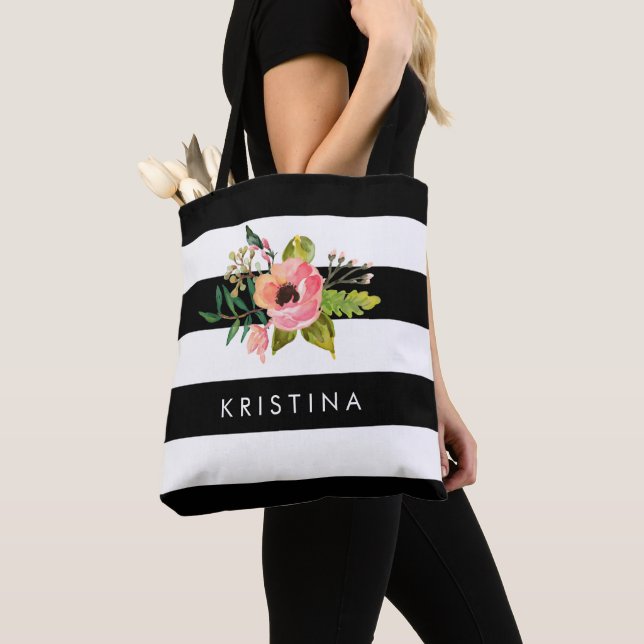 Sac de magasinage Floral Noir Blanc Classique (De près)