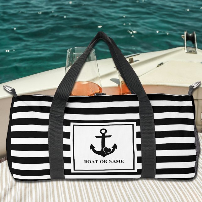 Sac De Sport Ancre nautique Nom du bateau noir blanc rayé (Créateur téléchargé)