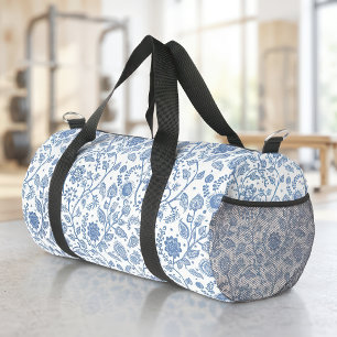 Sac De Sport Bleu Blanc Floral Boho Botanique Motif Fantaisiste