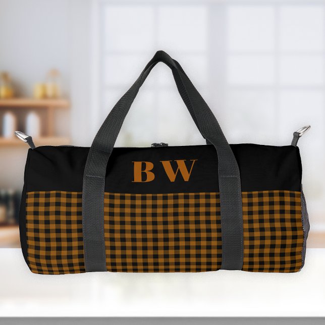 Sac De Sport Brûlé Orange noir Buffalo Check Bold Monogramme (Créateur téléchargé)