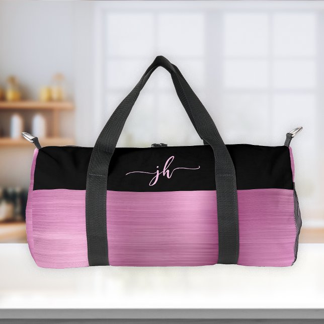 Sac De Sport Chic rose brossé métal noir Monogramme de script (Créateur téléchargé)