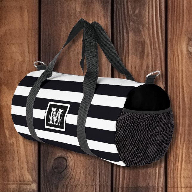 Sac De Sport Élégant Monogramme Classique. Bandes noir et blanc (Classic Thick Black & White Stripes with Monogram Duffle Bag. Elegant Bag!)