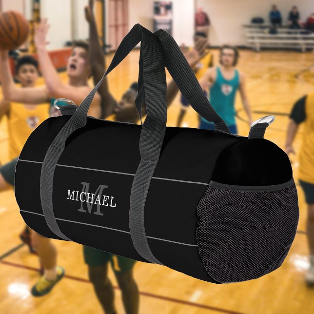 Sac De Sport Élégant Monogramme d'argent noir Nom personnalisé (Créateur téléchargé)