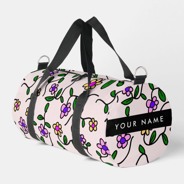Sac De Sport Fleurs Colorées, Fond Rose, Noir (Coin gauche)