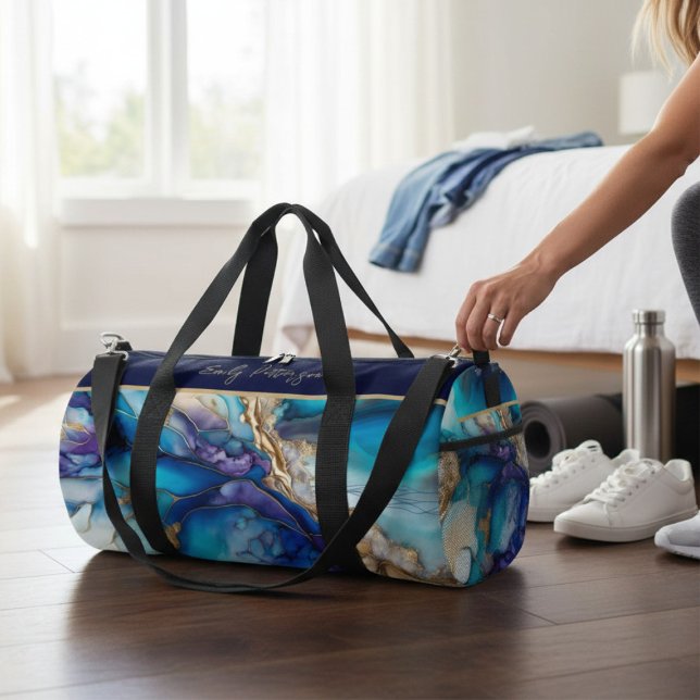 Sac De Sport Marbre bleu or moderne Nom personnalisé (Créateur téléchargé)