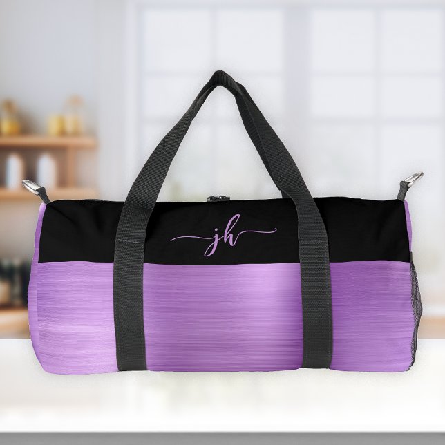 Sac De Sport Métal brossé clair violet noir Monogramme de scrip (Créateur téléchargé)