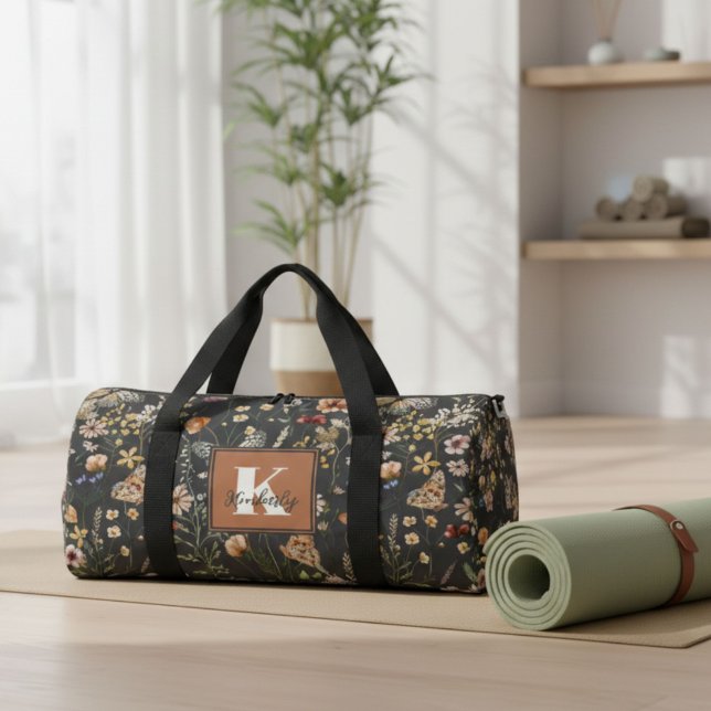 Sac De Sport Modern Boho Floral Monogram Name (Créateur téléchargé)
