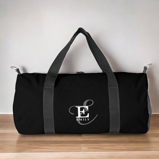 Sac De Sport Monogramme et nom de la calligraphie stylisée noir (Personalize with your name and monogram initial.)