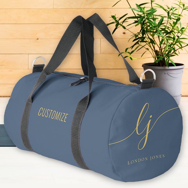 Sac De Sport Monogramme Moderne Marine Bleu Or Élégant Script (Créateur téléchargé)