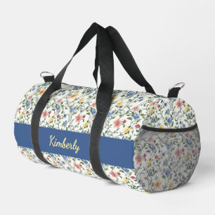 Sac De Sport Monogramme Nom Fleur Sauvage Aquarelle Bleu Jaune