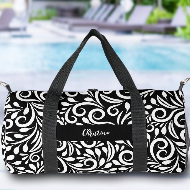 Sac De Sport Nom personnalisé Moderne Floral Élégant Noir & Bla (Custom Name Modern Floral Elegant Black & White Duffle Bag)