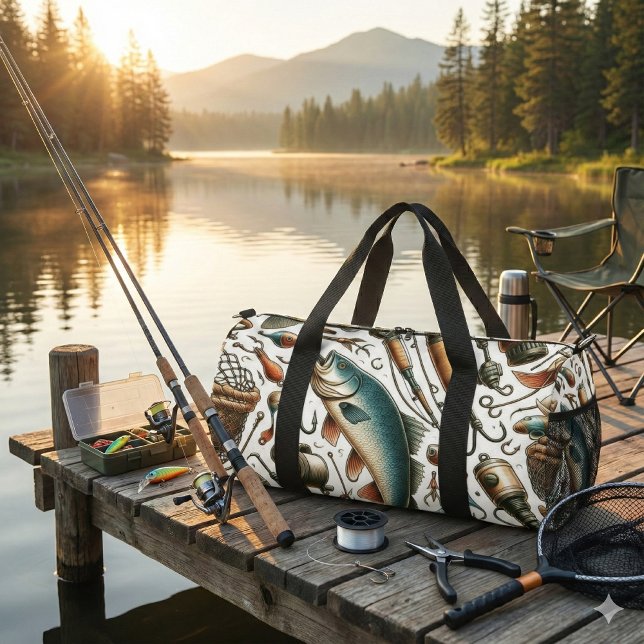 Sac De Sport Poisson Personnalisé Accompagner Pêcheur Duffle Sa (Carry all duffle bag with watercolor-style fish and gear print.  A thoughtful gift for fisherman )