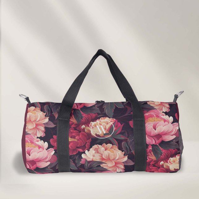 Sac De Sport rouge rose coloré vintage florales motif, monogram (Red pink flower pattern, women's duffel bag.)