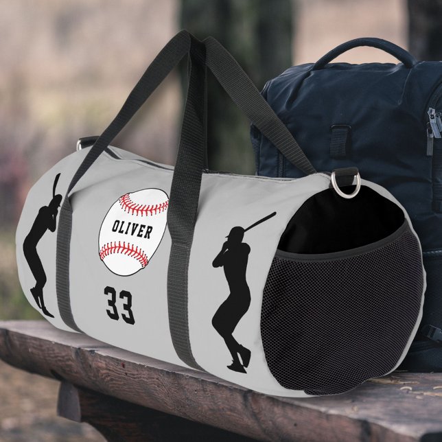 Sac De Sport Silhouette du joueur de baseball gris Nom Numéro (Créateur téléchargé)