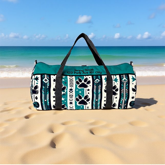 Sac De Sport Tribal Paw Print Teal Monogram Personalize (Créateur téléchargé)