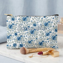 Sac de toilette floral bleu chic et vert sauge