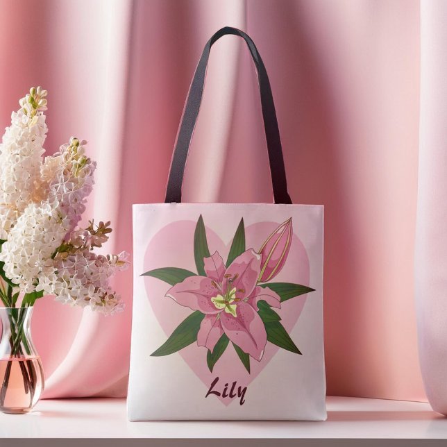 Sac d'épicerie Coeur Douce Rose Fleurissant (Pink Blooming Lily Sweet Heart Grocery Bag)