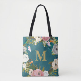 Sac en toile Monogramme personnalisé à la florale 