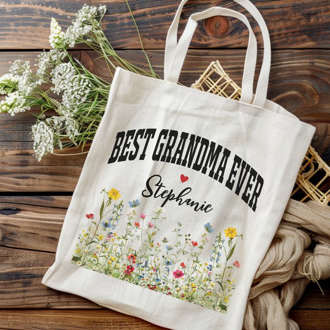 Sac Fleur sauvage personnalisé, cadeau d'anniversa (custom name tote for grandma, wildflowers tote bag, gift for grandma, grandma tote bag, Mimi bag)