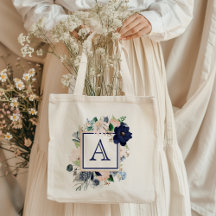 Sac fourre-tout à monogramme à motif floral bleu