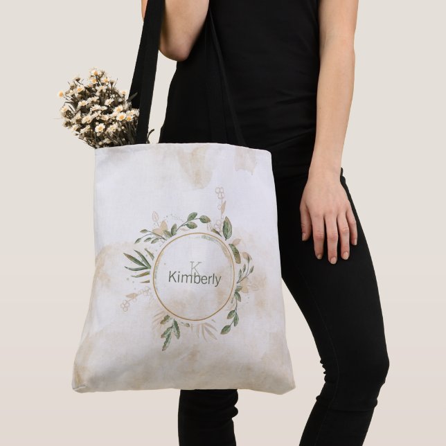 Sac fourre-tout à monogramme floral vert sauge or (De près)