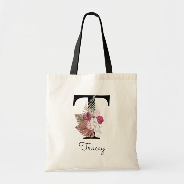 Sac fourre-tout à monogramme rose boho floral init (Devant)