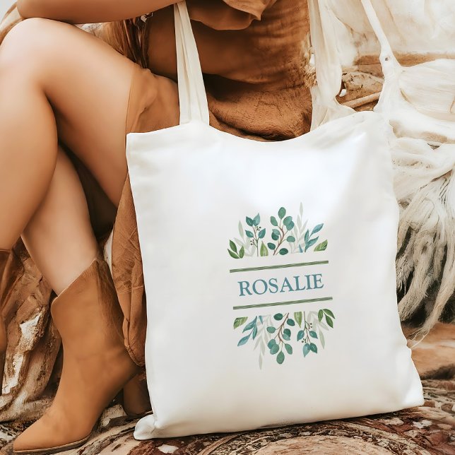 Sac fourre-tout à nom personnalisé en verdure bota (Botanical Greenery Custom Tote Bag)