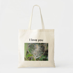 Sac fourre-tout clair beige coeur plante, texte :