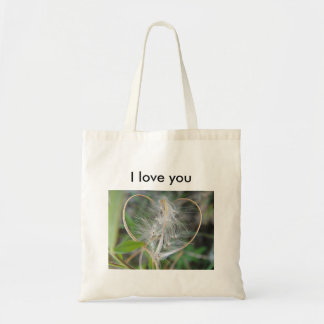 Sac fourre-tout clair beige coeur plante, texte :