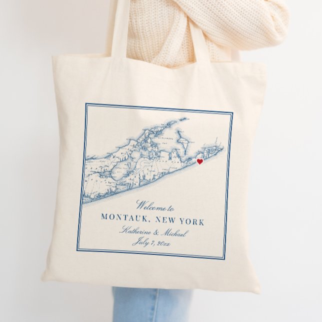 Sac fourre-tout d'accueil du Mariage Hamptons Mont (This Hamptons tote bag welcomes your guests to Montauk or anywhere else with customizable text.)