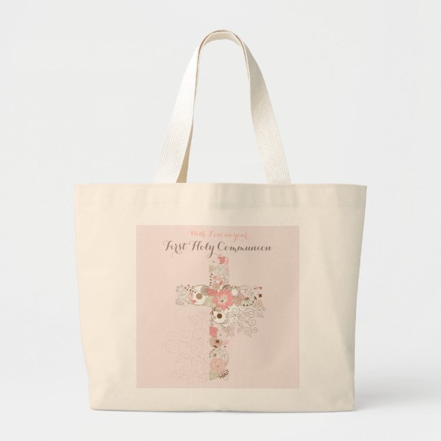 Sac fourre-tout de croix florale de communion rose (Devant)