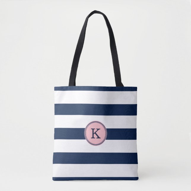 Sac fourre-tout de monogramme rayé bleu marine (Devant)